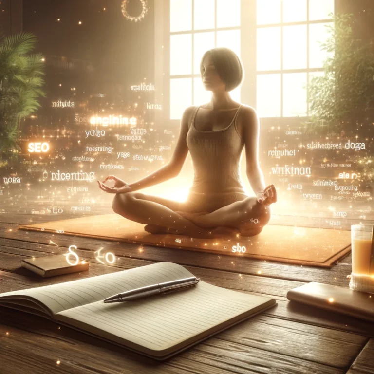 DALL·E 2024 04 17 14.24.06 Create an image that combines the tranquil and calming nature of yoga with the thoughtful and strategic process of writing. Visualize a serene yoga st