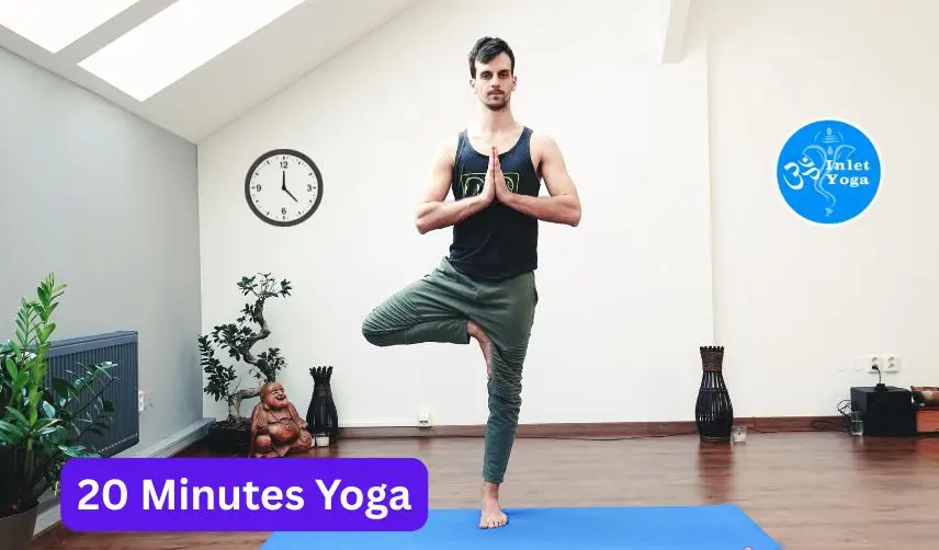 Man practicing 20 minutes yoga in Tree Pose on a blue mat at Inlet Yoga studio in Manasquan NJ